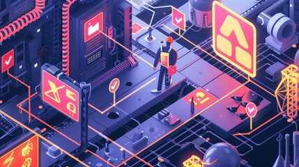 Obraz premium Isometric illustration of a worker in a complex system with various signs and electrical components