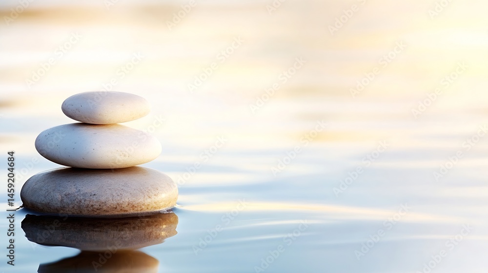 Poster serene stack of three smooth stones resting on calm water at sunset, reflecting tranquility and bala