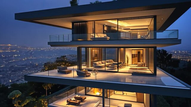 Modern luxury penthouse overlooking a city at twilight