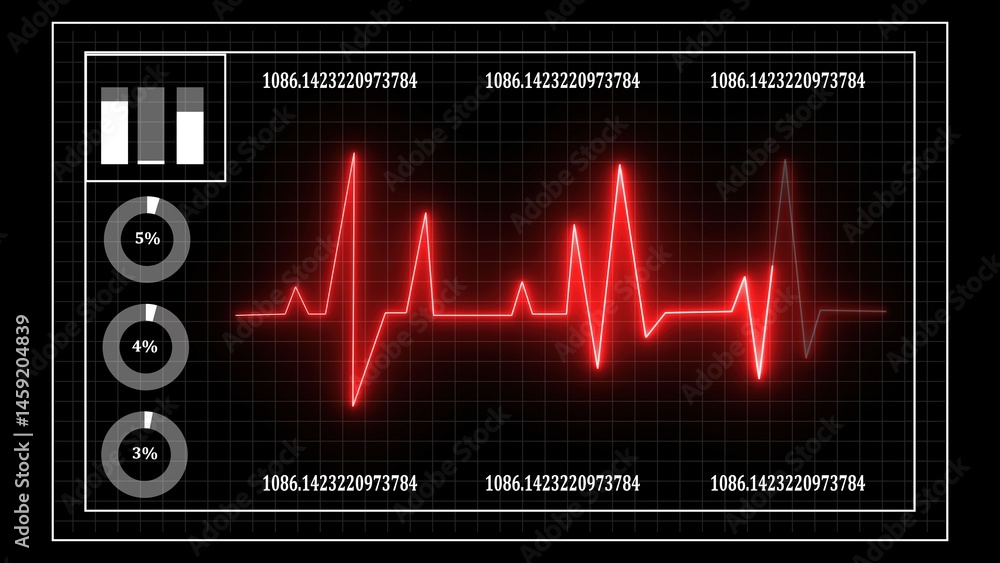Poster neon red ekg graph displaying heartbeat monitoring vital signs and data analysis on a black backgrou