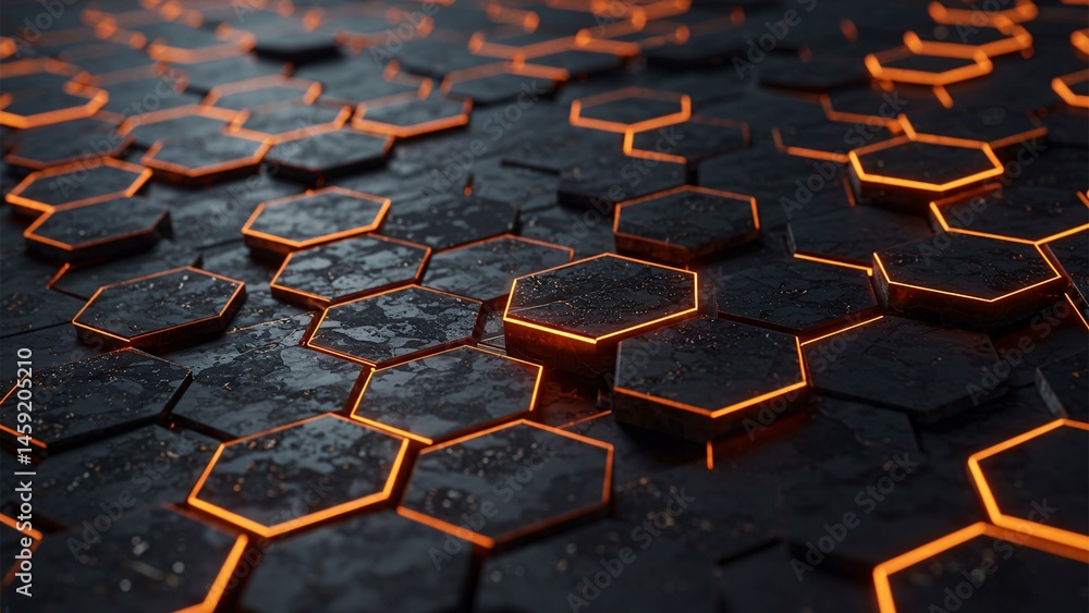 Wall mural abstract hexagon pattern with orange glow