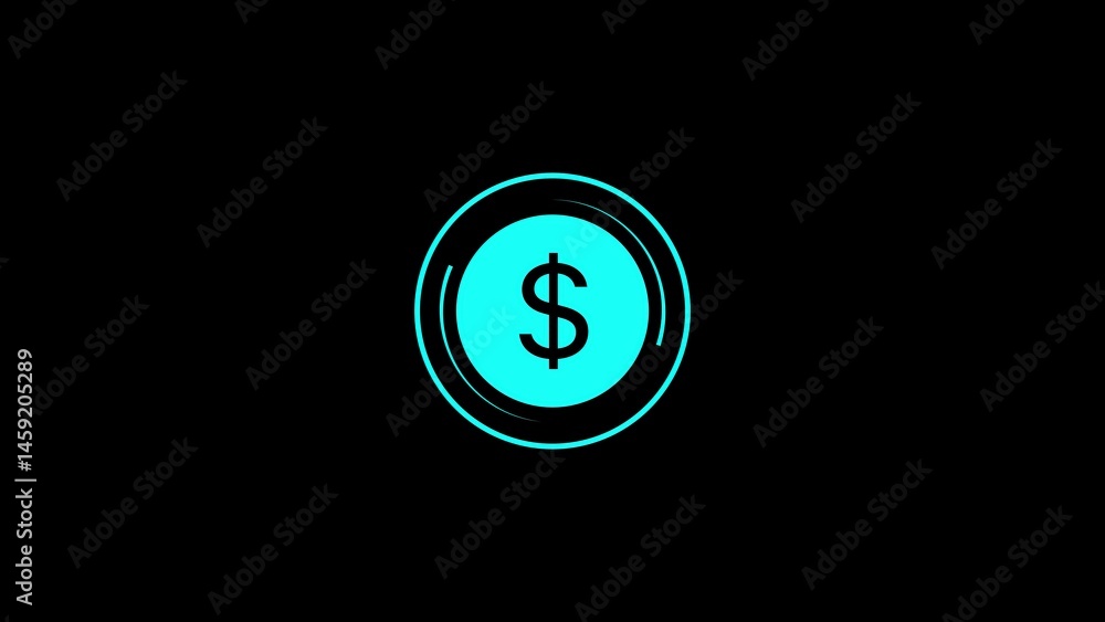 Poster a minimalist teal dollar sign icon within a circular outline against a stark black background repres