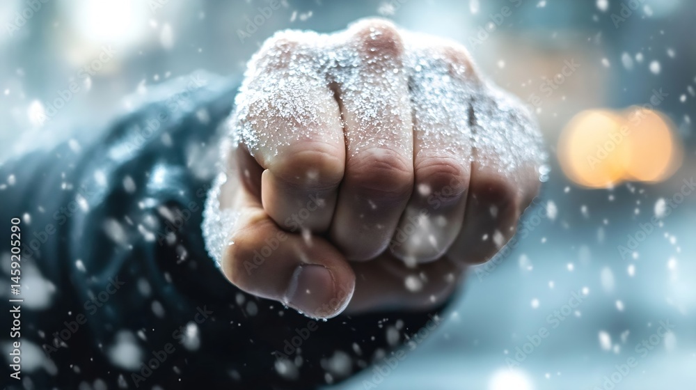 Poster close-up of a clenched fist covered in snow, falling snowflakes in the blurred background, winter sc