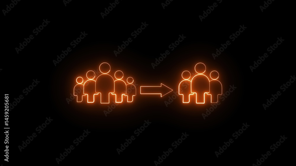 Poster illuminated neon effect group transition with arrow symbolizing growth or migration on black backgro