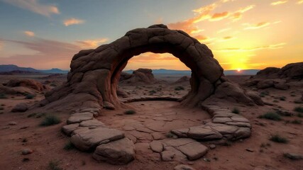 natural rock archway framing sunset in a desolate landscape, a testament to earth's enduring beauty - Powered by Adobe