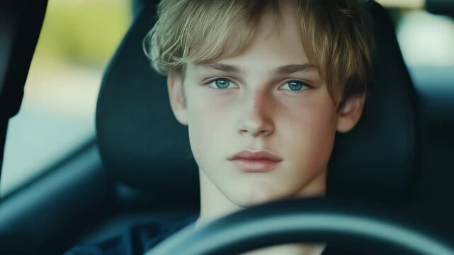 Portrait of a young blonde boy drives the car with concentration
