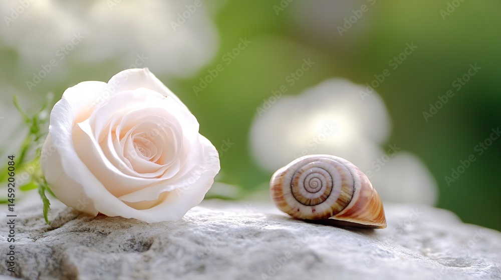 Poster delicate cream rose and snail shell rest on a light grey stone, soft green bokeh background. peacefu