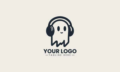 Obraz premium Vector logo of simple cartoon ghost with headphones in playful minimalist illustration style