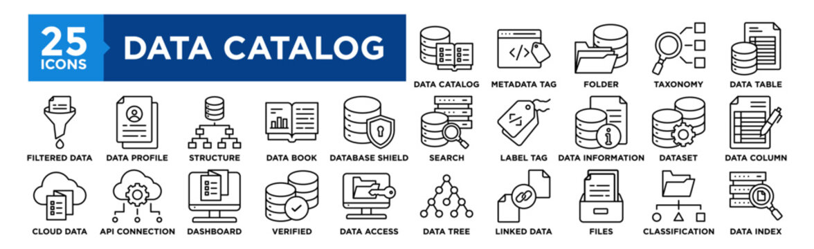 Data Catalog icon collection set. Containing design Data Catalog, Metadata Tag, Folder with Database, Data Taxonomy, Data Table