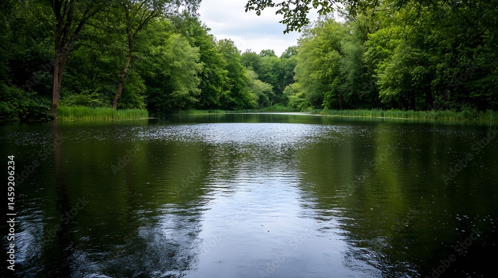 Aufkleber serene lake nestled within a lush green forest, reflecting the tranquil atmosphere of nature. the ca