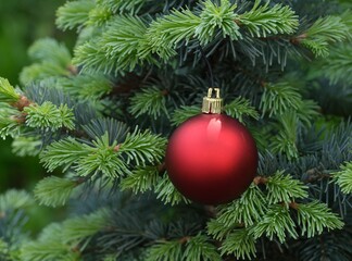 Close-up shot of a red Christmas ornament hanging on a Christmas tree