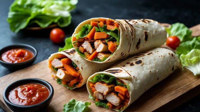 Tasty shawarma sandwich on a dark background. Healthy cuisine. Aerial perspective, flat lay.