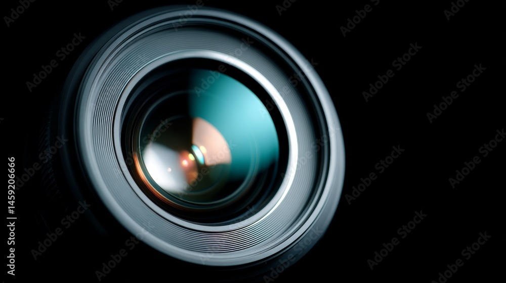 Poster polished telescope lens gleams in macro detail, showcasing precision optics against a stark black ba
