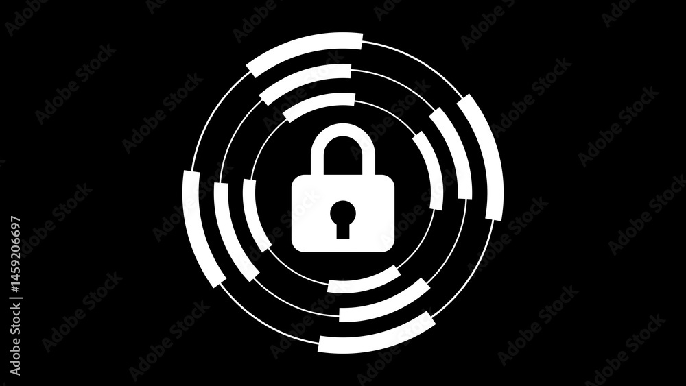 Poster secure data transfer and protection concept with a stylized lock within circular data stream lines a