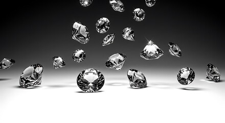 Fototapeta premium black and white minimalist sketch, neon toned image of sparkling gemstones falling from the top on a white background, luxurious jewel collection with clear copy space at the bottom for photos