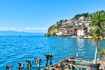 Lake Ohrid, North Macedonia, April 13 2024. Mountain range and peninsula in distance. Ohrid Lake,...