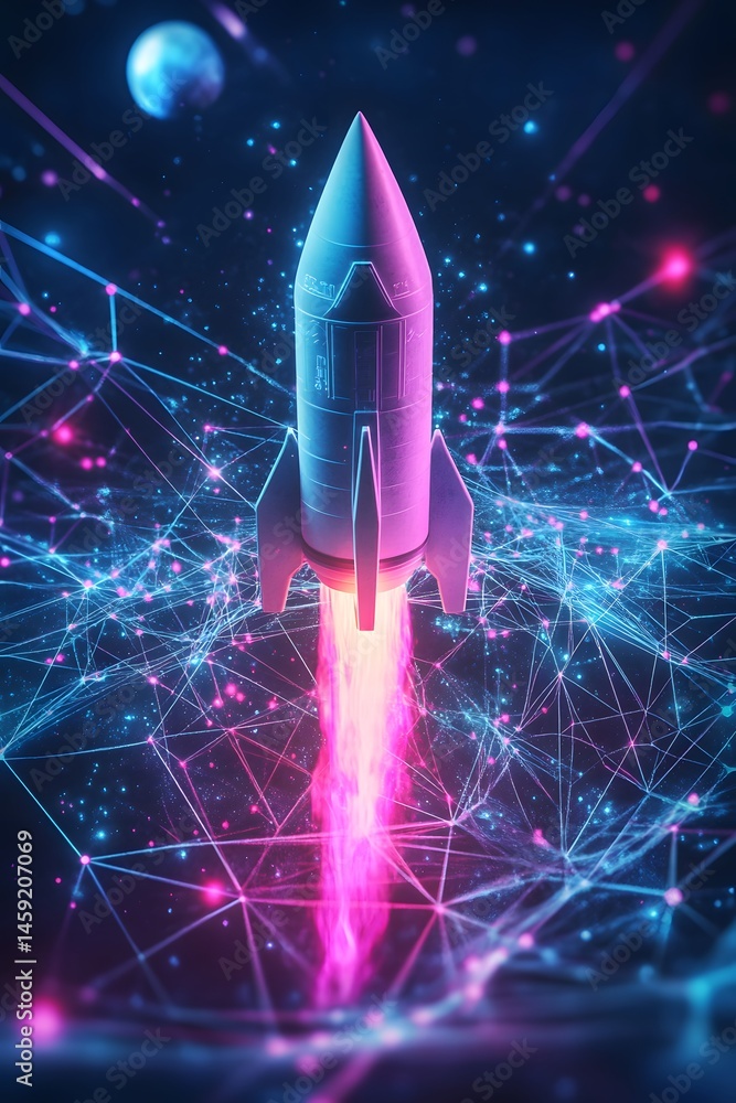 Poster neon rocket in digital web symbolizing tech innovation