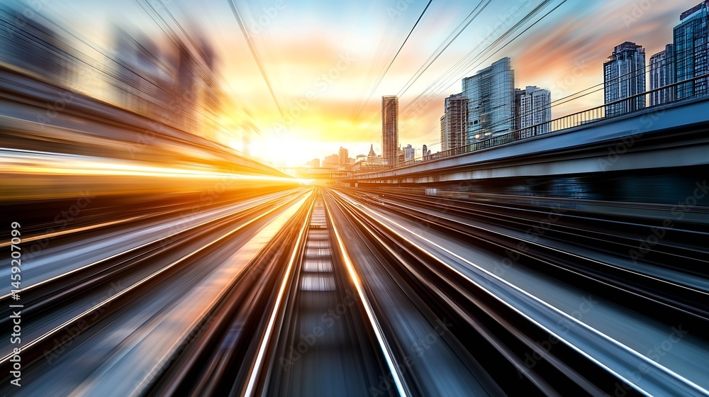 Poster high-speed train traversing urban railway tracks at sunset, modern city skyline in background, dynam