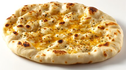 A delicious gourmet cheese flatbread pizza with melted cheese and herbs is perfectly baked and ready to eat.