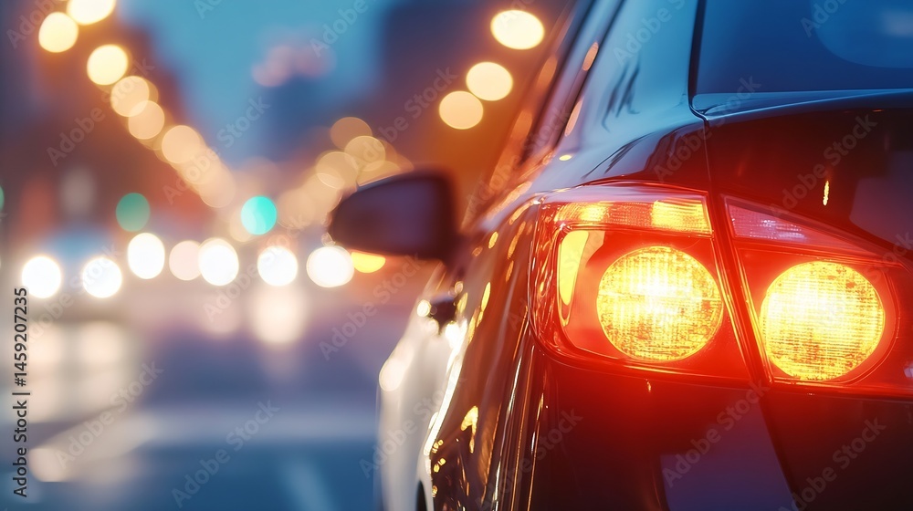 Aufkleber close-up view of a dark-colored car's taillights illuminated at night, with blurred city lights in t