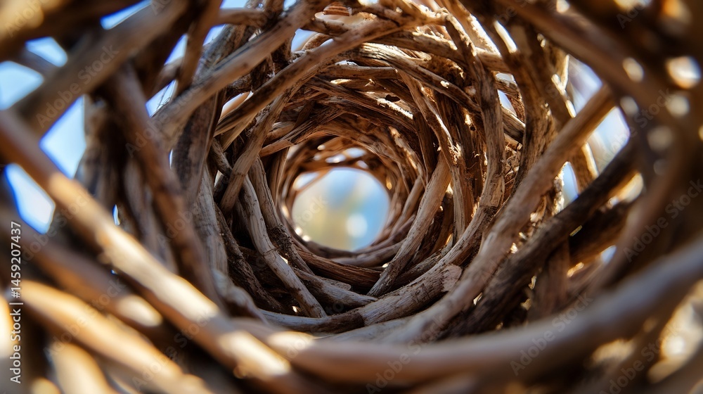 Leinwandbilder Intricate woven wood structure, creating a tunnel-like effect with sunlight filtering through the gaps.  Natural brown tones and textures are prominent, showcasing the craftsmanship. : Generative AI
