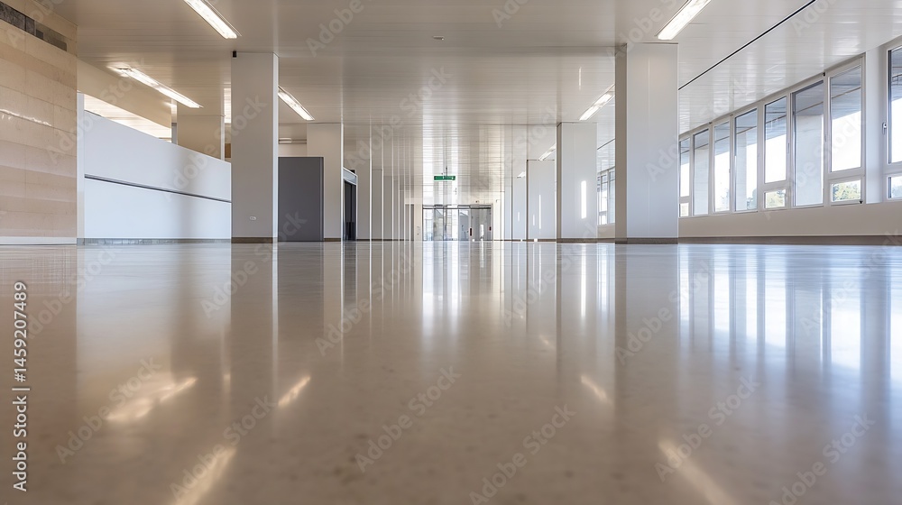 Aufkleber Empty modern office corridor with polished floor reflecting light and windows, showcasing clean minimalist architecture and design. : Generative AI