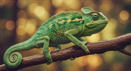 Obraz premium Boldly painted chameleon perched on a tree limb in vintage oil style with earthy tones