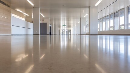Obraz premium Empty modern office corridor with polished floor reflecting light and windows, showcasing clean minimalist architecture and design. : Generative AI
