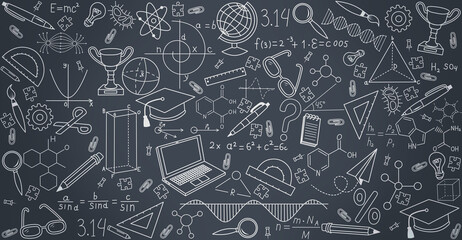 Science formulas drawn on the blackboard, physics, chemistry, geometry, biology, algebra. Back to school. Background with drawn scientific and school equipment on the theme of education. 