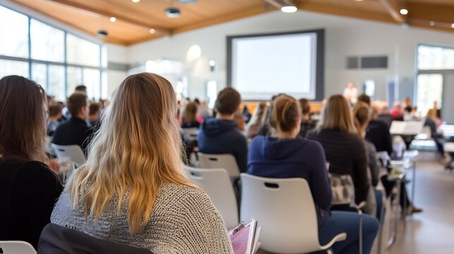 Attentive audience listening to a presentation in a modern conference room, with a large screen displaying information. : Generative AI