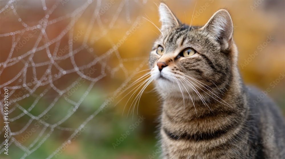 Poster a curious tabby cat observes a dew-covered spiderweb as morning light highlights the delicate strand