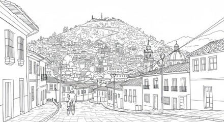 Fototapeta premium Colorful Bogota Line Drawing: Monserrate Hill and Candelaria Districts