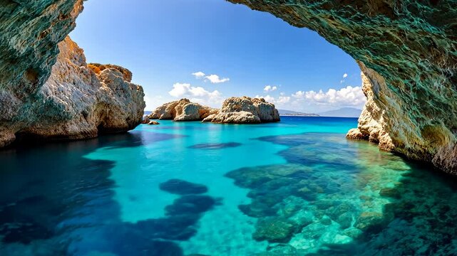 azure waters through rocky archway to secluded cove surrounded by rock formations under a sunny sky