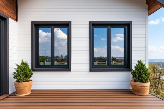 Fototapeta Modern suburban home exterior featuring wooden deck, potted plants, and black-framed windows
