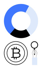Pie chart in blue, black, and white segments above Bitcoin logo and hand holding magnifying glass. Ideal for finance, investment, cryptocurrency, market research, data analysis, blockchain digital