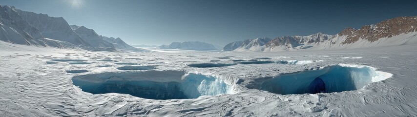 Spectacular panorama showcasing dramatic ice caves and snow-covered mountains in the icy arctic wilderness.