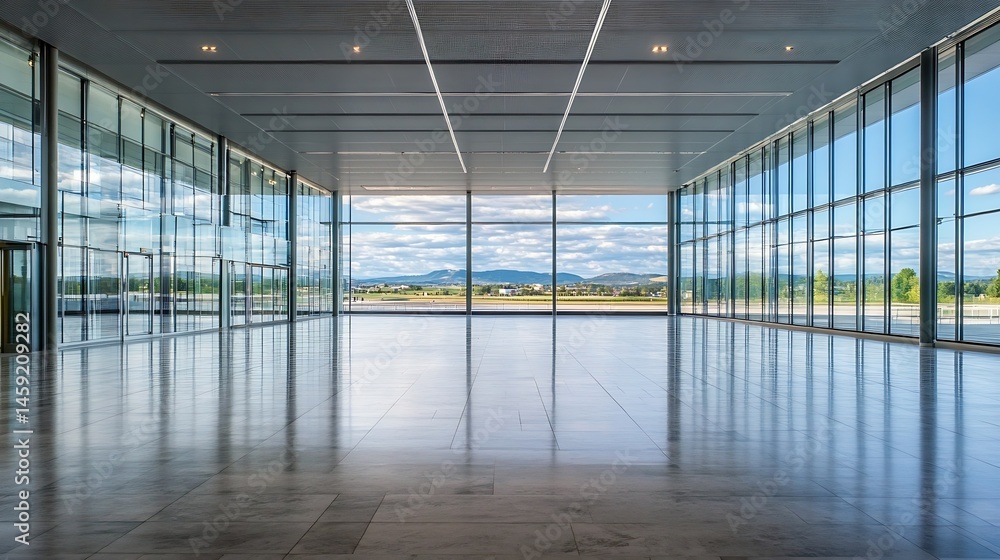 Aufkleber modern airport terminal interior with expansive glass walls offering a panoramic view of a runway an