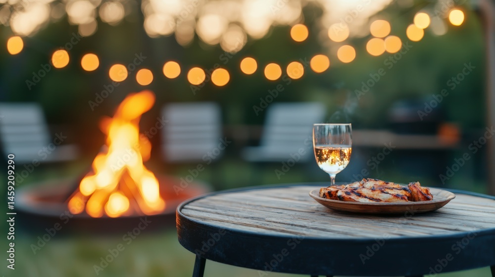 Poster grilled chicken and wine enjoying cozy backyard barbecue ambiance with fire pit and string lights