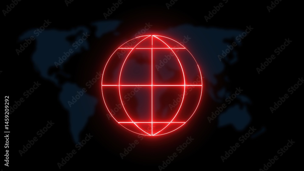 Poster glowing red globe outline with world map background representing globalization and interconnectednes