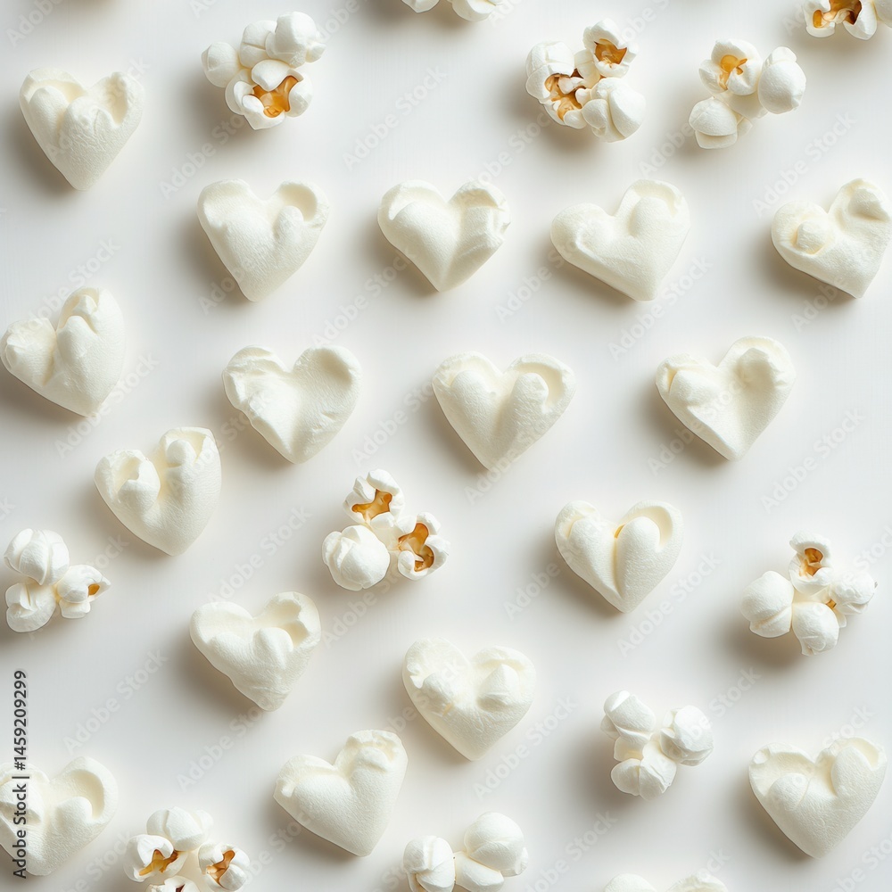 Poster heart-shaped treats and clusters of popcorn form a charming pattern, perfect for valentine's day or 