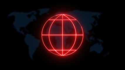 Glowing red globe outline with world map background representing globalization and interconnectedness with global network concept.