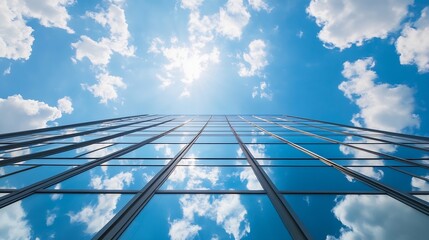 Modern glass skyscraper reflecting a bright blue sky with fluffy white clouds, viewed from a low angle perspective, showcasing architectural details and natural light. : Generative AI