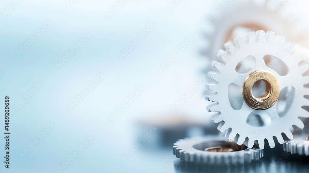 Leinwandbilder Close-up of interlocking white gears with gold accents, suggesting teamwork, precision, and industrial machinery.  The image features a shallow depth of field and a soft blue backgroun : Generative AI
