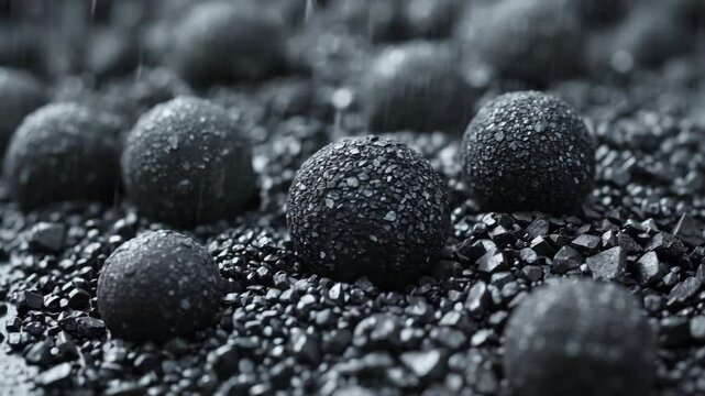 Detailed view of round aggregates of ground ore concentrate. Intermediate metallurgical production item. Concentrated product subjected to pelletizing and roasting.