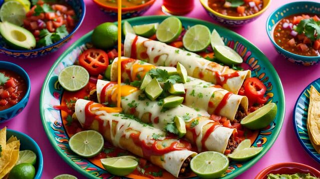 Enchiladas served with sauces on a colorful table