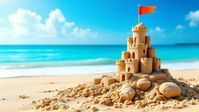 beach sandcastle standing tall against a blue sea and sky, adorned with a red flag atop its highest tower