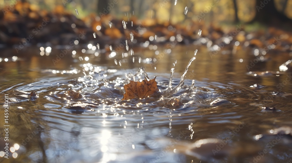Poster autumn leaf falling into a puddle, creating a splash of water droplets. sunlight glints off the wate