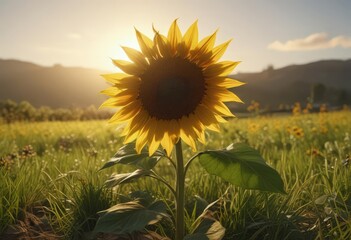 Single sunflower facing sun, long shadows, grassy meadow, setting sun backdrop,  plant,  stem,  leaf