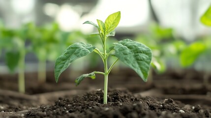 A single vibrant green seedling emerges from rich dark soil, showcasing healthy growth and new life in a greenhouse setting.  Other seedlings are softly blurred in the background. : Generative AI
