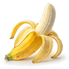 Ripe Banana with Peel Partially Opened on White Background

